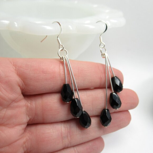 Triple dangle Czech glass Jet teardrop earrings - Picture 1 of 9